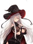  1girl ;) bare_shoulders breasts granblue_fantasy hat highres huge_breasts large_breasts long_hair looking_at_viewer magisa_(granblue_fantasy) one_eye_closed silver_hair smile solo white_crow witch_hat 