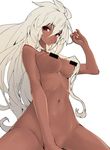  1girl bar_censor censored convenient_censoring dark_skin granblue_fantasy iwasaki_takashi long_hair looking_at_viewer navel nipple_censor nude open_mouth red_eyes simple_background solo the_order_grande white_background white_hair 