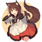  1girl animal_ears brooch brown_hair colored_eyelashes dress fang highres imaizumi_kagerou jewelry long_hair long_sleeves looking_at_viewer red_eyes shone simple_background smile solo tail touhou wide_sleeves wolf_ears wolf_tail 