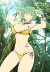  1girl :o armpits arms_up bikini bra breasts bunching_hair female forest green_hair groin hair_pull hikage_(senran_kagura) large_breasts layered_bikini lens_flare light_rays looking_at_viewer looking_down midriff mound_of_venus nature navel official_art open_mouth panties senran_kagura senran_kagura_(series) short_hair short_twintails side-tie_bikini side-tie_panties sky slit_pupils solo standing sunlight swimsuit tattoo tattooed_breast tree twintails underwear waifu2x yaegashi_nan yellow_bikini yellow_bra yellow_eyes yellow_panties 