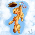  2015 abstract_background applejack_(mlp) blonde_hair cowboy_hat cutie_mark earth_pony equine eyes_closed female feral friendship_is_magic hair happy hat horse inkybeaker jumping mammal medal my_little_pony open_mouth pony smile solo 