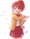  1girl :d baker_at_bat blush cherry_blossoms ellen_baker looking_at_viewer new_horizon open_mouth parody petals power_pro_kun_pocket purple_eyes red_hair ririumu shinjou_shian short_hair simple_background smile solo white_background 