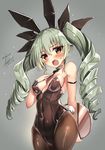  1girl akabane_(zebrasmise) anchovy animal_ears arm_behind_back bare_shoulders black_legwear blush breasts brown_eyes bunny_ears bunnysuit covered_navel curly_hair fake_animal_ears girls_und_panzer green_hair groin leotard long_hair open_mouth pantyhose ribbon solo tail tray twintails very_long_hair 