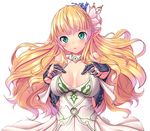  1girl bare_shoulders blonde_hair blush breasts cleavage dress dungeon_and_fighter floating_hair flower gauntlets green_eyes hair_flower hair_ornament hands_on_own_chest highres knight_(dungeon_and_fighter) long_hair looking_at_viewer neck_ribbon parted_lips pointy_ears ranken ribbon solo sweat upper_body 