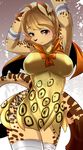  anthro big_breasts blush breasts brown_hair buried_frog cape clothed clothing fangs feline female hair hand_on_head hi_res looking_at_viewer mammal orange_eyes short_hair solo spots standing 