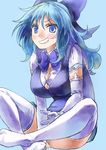  1girl blue_eyes blue_hair bow breasts cirno cleavage elbow_gloves gloves grin hair_bow indian_style large_breasts long_hair looking_at_viewer older panties pantyshot pantyshot_(sitting) sitting smile solo thighhighs touhou underwear white_gloves white_legwear white_panties yohane 