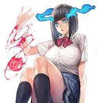  1girl black_hair blue_eyes breasts facial_mark fire flower glowing irohara_mitabi large_breasts open_mouth rose school_uniform short_hair sitting solo tattoo yokuoni 