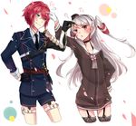 1boy 1girl amatsukaze_(kantai_collection) anger_vein armor black_gloves cropped_legs crossover dress flora_blossom garter_straps gloves green_eyes hair_tubes hand_on_hip hat highres holster japanese_armor kantai_collection military military_uniform necktie petals poking red_hair sailor_dress shinano_toushirou shorts smile sode sword tantou tears thai thigh_holster touken_ranbu triangle_mouth twintails two_side_up uniform weapon white_background white_gloves white_hair yellow_eyes 