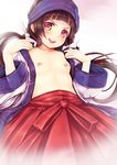  1girl amayadori_machi areolae black_hair blush breasts brown_eyes brown_hair headband japanese_clothes kumamiko long_hair looking_at_viewer miko nipples open_clothes open_mouth red_eyes small_breasts solo teruru twintails 