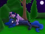  2016 airbusthebest blue_eyes blue_feathers blue_fur blue_hair blush bush cutie_mark duo equine eye_contact feathered_wings feathers female feral friendship_is_magic fur grass hair hi_res horn landscape lying mammal moon multicolored_hair my_little_pony nature outside princess_luna_(mlp) purple_eyes purple_feathers purple_fur sky tree twilight_sparkle_(mlp) winged_unicorn wings 