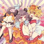  2girls :3 animal_ears blonde_hair bloomers bow capelet dress frilled_sleeves frills gem girl_on_top grey_dress grey_hair hair_ornament hand_on_own_cheek jewelry long_sleeves looking_at_viewer mouse_ears mouse_tail multicolored_hair multiple_girls nazrin necklace_removed open_mouth orange_eyes pendant red_eyes sash shirt skirt smile streaked_hair tail tail_bow tiger_ears tomobe_kinuko toramaru_shou touhou underwear wide_sleeves 
