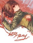  androgynous blood blood_on_face bloody_clothes bloody_knife bloody_weapon brown_hair chara_(undertale) english flower_(symbol) from_side highres knife lying nvalee red_eyes shirt signature solo spoilers striped striped_shirt undertale upper_body weapon 