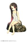  1girl black_hair child daibouken!_yukeyuke_osawari_island loli long_hair naked_towel ochinsama official_art red_eyes simple_background sitting solo towel 