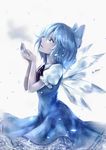  1girl blue_bow blue_dress blue_eyes blue_hair blue_nails bow cirno crying crying_with_eyes_open dress hair_bow highres ice ice_wings kyogoku-uru looking_up nail_polish neck_ribbon pale_skin profile puffy_short_sleeves puffy_sleeves red_ribbon ribbon short_hair short_sleeves smile solo tears touhou upper_body wing_collar wings 