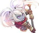  1girl armor blue_skin brown_gloves gloves league_of_legends long_hair non_(nonzile) open_mouth pointy_ears poppy purple_eyes purple_hair solo twintails weapon white_background white_hair yordle 