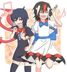  2girls asymmetrical_wings black_dress black_hair black_legwear blush bow bowtie bracelet closed_eyes dress eyes_closed fang highres horns houjuu_nue jewelry karaoke kijin_seija locked_arms mega_yukke microphone multicolored_hair multiple_girls musical_note open_mouth puffy_short_sleeves puffy_sleeves quaver red_eyes red_hair short_dress short_hair short_sleeves singing skirt smile standing standing_on_one_leg streaked_hair thighhighs touhou white_hair wings zettai_ryouiki 