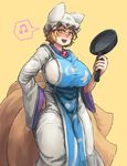 1girl blonde_hair breasts brown_eyes chanta_(ayatakaoisii) fox_tail frying_pan hand_on_hip hat highres huge_breasts looking_at_viewer multiple_tails musical_note open_mouth short_hair simple_background smile solo spoken_musical_note tabard tail touhou yakumo_ran 