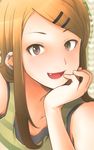  1girl artist_request brown_eyes brown_hair dagashi_kashi ear_piercing earrings endou_saya_(dagashi_kashi) fang heart heart_background jewelry looking_at_viewer multiple_piercings piercing smile solo 