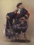  1boy absurdres axe beret blonde_hair blue_eyes boots dagger frown full_body hand_on_hilt hand_on_hip hat highres nishi original plaid plaid_skirt puffy_pants scarf sheath sheathed shirt short_hair skirt sleeves_past_wrists solo standing weapon 