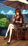  areolae artist_request bangs bare_legs black_dress black_shoes blue_sky breasts brown_eyes brown_hair building chair city cloud cloudy_sky collarbone crossed_legs cup dated dress erect_nipples female food high_heels highres holding legs legs_crossed long_hair looking_at_viewer macaron nipples open_mouth outdoors plant plate see-through shadow shen_q_jun shoes short_dress sitting sky smile solo table teacup teapot tree umbrella 