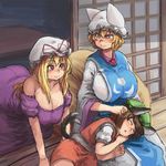  3girls all_fours animal_ears blonde_hair breasts brown_hair cat_ears cat_tail chanta_(ayatakaoisii) chen cleavage dress fox_tail hanging_breasts hat hat_ribbon huge_breasts lap_pillow mob_cap multiple_girls multiple_tails plump red_eyes ribbon short_hair sleeping tabard tail touhou yakumo_ran yakumo_yukari yellow_eyes 