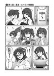  6+girls akagi_(kantai_collection) apron calendar_(object) choko_(cup) clock comic detached_sleeves eating glasses headgear hiryuu_(kantai_collection) houshou_(kantai_collection) kaga_(kantai_collection) kantai_collection kirishima_(kantai_collection) majin_go! monochrome multiple_girls muneate ponytail side_ponytail skewer souryuu_(kantai_collection) translation_request twintails 