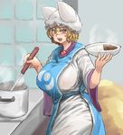  1girl blonde_hair blush breasts brown_eyes chanta_(ayatakaoisii) cooking fox_tail hat huge_breasts ladle large_breasts looking_at_viewer multiple_tails open_mouth short_hair smile solo tabard tail touhou yakumo_ran 