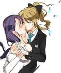  2girls ayase_eli blonde_hair blue_eyes blush bow dress eye_contact formal girl gloves green_eyes hair_bow hand_on_another&#039;s_chin hand_on_another's_chin incipient_kiss interlocked_fingers long_hair looking_at_another love_live!_school_idol_project multiple_girls necktie ponytail purple_hair sofy suit sweatdrop toujou_nozomi white_dress white_gloves yuri 