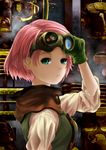  1girl adjusting_goggles breasts closed_mouth from_side gloves goggles goggles_on_head green_eyes green_gloves keane912 koutetsujou_no_kabaneri light_frown looking_at_viewer looking_to_the_side pink_hair shade short_hair sleeves_past_elbows solo steampunk train upper_body yukina_(kabaneri) 