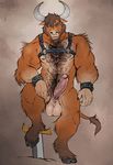  2016 anthro balls bovine cattle chumbasket harness hooves horn male mammal melee_weapon muscular nipples penis solo sword weapon 