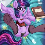  2016 book clothing cogbrony dock equine eyewear feathered_wings feathers female feral friendship_is_magic glasses hair hooves horn legwear lingerie looking_at_viewer lying mammal my_little_pony on_back open_mouth panties purple_eyes purple_feathers solo spread_legs spreading stockings twilight_sparkle_(mlp) underhoof underwear winged_unicorn wings 