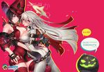  2girls :q ass belt black_hair blonde_hair blue_eyes breasts cleavage cover cover_page doujin_cover gloves guilty_gear halo heterochromia i-no jack-o_(guilty_gear) large_breasts multicolored_hair multiple_girls oro_(sumakaita) red_background red_eyes red_hair red_legwear short_hair thighhighs thighs tongue tongue_out 