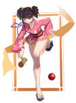  1girl absurdres bangs black_hair blunt_bangs choker closed_mouth feet floral_print flower frills from_above full_body geta hair_ribbon highres holding japanese_clothes kendama kimono koutetsujou_no_kabaneri leaning_forward long_sleeves looking_at_viewer marchtl7 mumei_(kabaneri) no_socks obi playing purple_rose red_eyes ribbon ribbon_choker rose sandals sash shade short_kimono sidelocks smile solo sphere standing standing_on_one_leg toy twintails wide_sleeves 