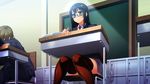  1girl black-framed_glasses black_hair chair classroom collared_shirt desk game_cg glasses green_eyes grey_skirt highres kanzen_jikan_teishi legs long_hair long_sleeves looking_away satsuki_shiho school_uniform semi-rimless_glasses serious sitting skirt sleeping solo_focus thighhighs thighs uo_denim writing 