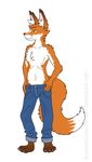  2016 anthro avatar_guy brown_fur brown_nose browniecomicwriter canine cheek_tuft chest_tuft claws clothed clothing dipstick_tail elbow_tufts fluffy fox frown full-length_portrait fur grey_claws inner_ear_fluff jeans looking_away male mammal multicolored_fur multicolored_tail orange_fur pants portrait shoulder_tuft signature simple_background solo topless tuft white_background white_fur yellow_eyes 