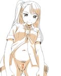  1girl bottomless censored female gluteal_fold heart heart_censor monochrome navel neck_ribbon open_clothes open_shirt pubic_hair pussy satsuyo side_ponytail simple_background smile solo 