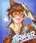  1girl ;d aviator_sunglasses character_name checkered checkered_background commentary_request gloves goggles highres one_eye_closed open_mouth overwatch salute short_hair smile solo sunglasses tracer_(overwatch) upper_body yoshitsuki 