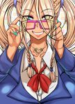  1girl adjusting_glasses aqua_nails bespectacled blazer blonde_hair blue_eyes blush breasts dark_skin eyebrows eyebrows_visible_through_hair eyeshadow fingernails galko&#039;s_sister galko's_sister ganguro glasses grin hair_between_eyes hair_over_eyes heart heart_necklace huge_breasts jacket jewelry kogal lips long_fingernails long_hair makeup nail_polish necklace niu_ju_(orange_bull) oshiete!_galko-chan pink-framed_glasses smile solo twintails upper_body 