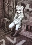  1girl afrostar against_wall animal_ears araiguma-san bags_under_eyes bare_legs borrowed_character expressionless full_body greyscale hands_in_pockets highres hood hoodie monochrome original raccoon_ears raccoon_tail ruins shoes solo standing_on_one_leg tail 