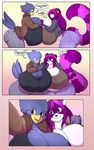 2016 anthro avian beak big_breasts bird breasts busty_bird butt cellphone cleavage clothed clothing corvid crow dialogue duo english_text eyes_closed female hair hi_res holding_object huge_breasts jaeh long_hair mammal nipple_bulge non-mammal_breasts open_mouth phone purple_eyes purple_hair raccoon selfie shina_(daigo) smile text wide_hips 