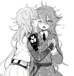  ;o armor face_licking fang genderswap genderswap_(mtf) gotou_toushirou interlocked_fingers japanese_armor licking monochrome monoyoshi_sadamune mtf multiple_girls necktie one_eye_closed open_mouth sekimo sode tongue tongue_out touken_ranbu yuri 