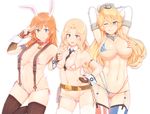  3girls ;q alternate_costume american_flag_bikini animal_ears arm_strap armband arms_behind_head arms_up ass_visible_through_thighs bangs belt belt_pouch between_breasts bikini black_legwear black_necktie blonde_hair blue_eyes blush breasts brown_gloves bunny_ears cameltoe charlotte_e_yeager cleavage closed_mouth collar covered_nipples cowboy_shot cross-laced_legwear crossover detached_collar erect_nipples eyebrows eyebrows_visible_through_hair eyelashes fingerless_gloves flag_print garter_straps girls_und_panzer gloves gluteal_fold groin hair_between_eyes hand_on_hip headgear iowa_(kantai_collection) kantai_collection kay_(girls_und_panzer) large_breasts lock long_hair looking_at_viewer lowleg lowleg_bikini micro_bikini mismatched_legwear multi-strapped_bikini multiple_crossover multiple_girls navel necktie necktie_between_breasts one_eye_closed orange_eyes orange_hair osterei padlock parted_bangs pointing pointing_at_viewer salute side-tie_bikini smile star star-shaped_pupils star_print stomach strap_gap strike_witches string_bikini striped striped_legwear suspenders swimsuit symbol-shaped_pupils text thigh_gap thighhighs toned tongue tongue_out trait_connection vertical-striped_legwear vertical_stripes weapon white_gloves white_legwear wrist_cuffs 