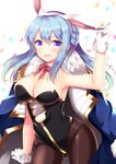  1girl agekichi_(heart_shape) animal_ears ass_visible_through_thighs bangs bare_shoulders black_legwear blue_hair blush bow braid breasts bunny_ears cowboy_shot detached_collar eyebrows eyebrows_visible_through_hair fake_animal_ears fur_trim gloves gluteal_fold gradient_hair granblue_fantasy hair_between_eyes hand_up holding_ears jacket_on_shoulders large_breasts leotard long_hair looking_at_viewer multicolored_hair open_mouth pantyhose purple_eyes red_bow solo strapless strapless_leotard sweatdrop therese_(granblue_fantasy) triangle white_background white_gloves 