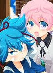  2boys :d akita_toushirou blue_eyes blue_hair ikeda_jun_(aquaqua) japanese_clothes male_focus multiple_boys open_mouth pink_hair ponytail sayo_samonji smile touken_ranbu 