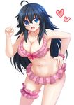  1girl ahoge bare_shoulders bikini black_hair blue_eyes blush bracelet breasts cleavage hand_on_hip highres jewelry kazenokaze large_breasts leg_garter long_hair looking_at_viewer navel netoge_no_yome_wa_onna_no_ko_janai_to_omotta? open_mouth smile solo standing swimsuit tamaki_ako thigh_strap 