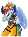  2016 ambris anthro clothed clothing cosplay crossover equine eyelashes eyewear feathered_wings feathers female friendship_is_magic goggles hair hi_res holding_object looking_at_viewer mammal multicolored_hair my_little_pony overwatch pegasus pink_eyes rainbow_dash_(mlp) rainbow_hair simple_background smile solo tracer video_games white_background wings 