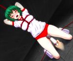  1girl arms_behind_back arms_up bare_legs bdsm blush bondage bound bound_ankles bound_arms buruma clitoral_stimulation dutch_angle forced_orgasm full_body green_hair gym_uniform half-closed_eyes hands hitachi_magic_wand holding kazami_yuuka kneehighs kneeling mofupaka motion_lines nose_blush puffy_short_sleeves puffy_sleeves red_eyes red_rope restrained rope saliva saliva_trail shibari shibari_over_clothes shirt short_hair short_sleeves solo_focus sportswear sweat touhou trembling vibrator white_hair white_shirt 