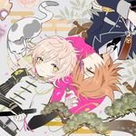  2boys armor bird black_necktie blonde_hair brown_eyes brown_hair cat clover egasumi flower four-leaf_clover gotou_toushirou japanese_armor leaf male_focus military military_uniform monoyoshi_sadamune multiple_boys necktie rotational_symmetry sekimo shippou_(pattern) smile sode sparrow touken_ranbu uniform yellow_eyes 