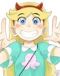 blue_eyes blush_stickers eyebrows_visible_through_hair fake_horns grin hairband heart long_hair satsuyo simple_background smile star_butterfly star_vs_the_forces_of_evil white_background 