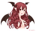  &gt;:o 1girl :o bat_wings blush breasts collarbone commentary_request egret fang hair_censor hair_over_breasts head_wings highres koakuma large_breasts long_hair nude pointy_ears red_eyes red_hair simple_background slit_pupils solo touhou upper_body white_background wings 